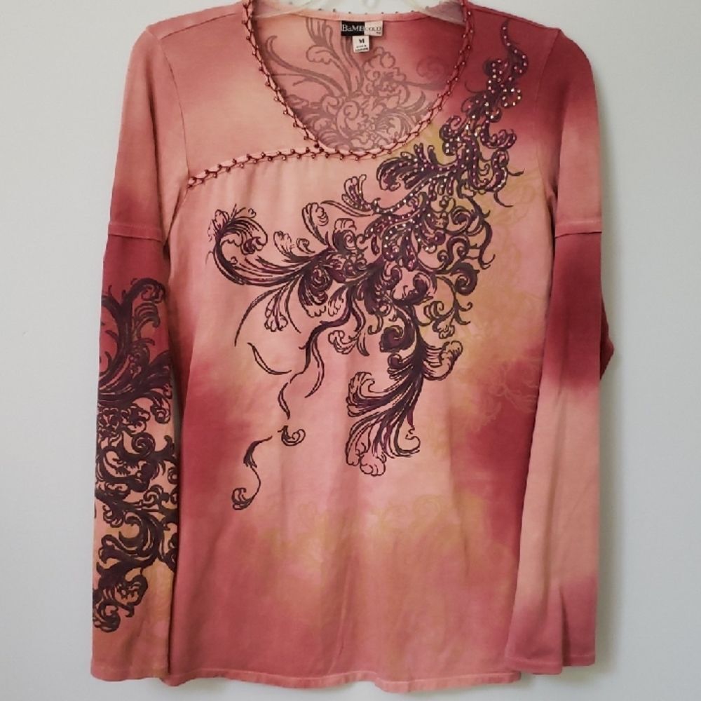 BamBooco Top Womens M Artsy Allover Tattoo Beaded Knit Bohemian Gypsy Y2K Tee